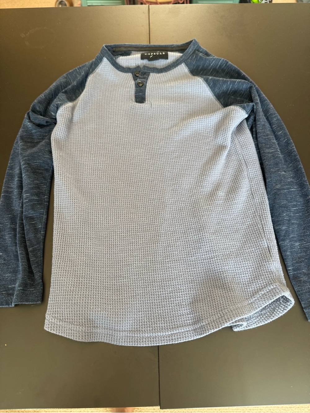 Crewcuts Light Blue Waffle Henley with Navy Raglan Sleeves